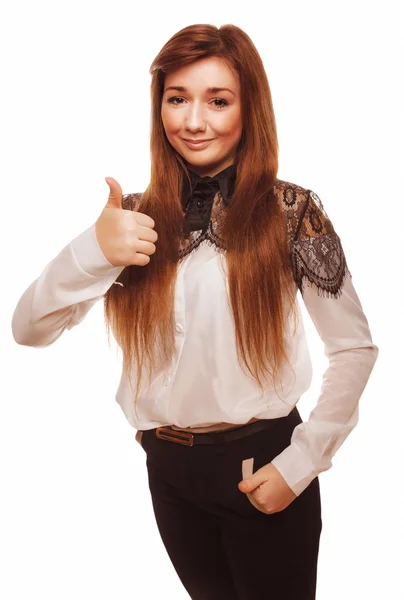 Kvinna unga känslor brunett tjej visar tecken på positiv så fingrar — Stockfoto