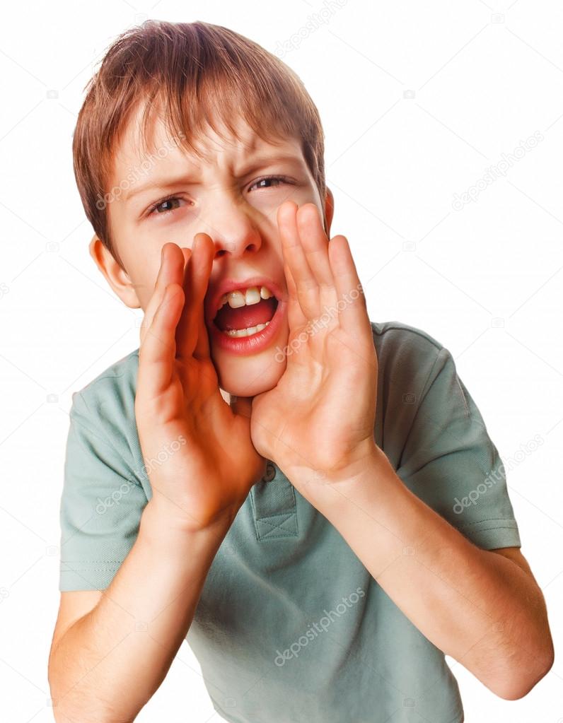 boy teenager calling cries kids shouts opened his mouth isolated