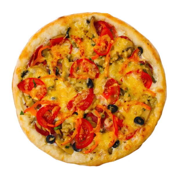 Vista superior de pizza apetitosa en la bandeja de madera aislado —  Fotos de Stock
