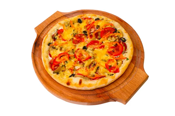 Appetizing pizza with wooden tray cheese close up white backgrou — Stock Photo, Image