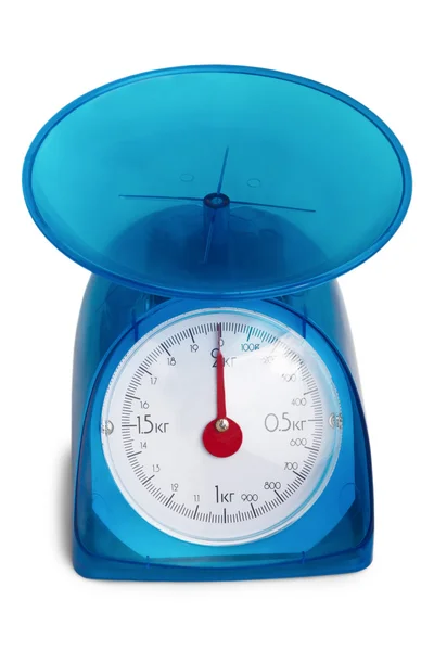 Modrá kuchyňská váha na červenou šipku izolované — Stock fotografie