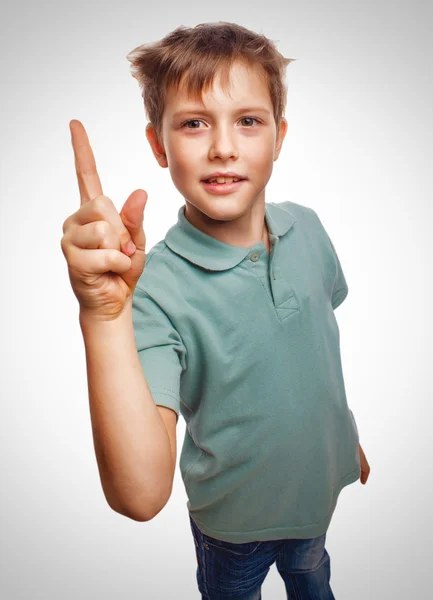 Kid blond boy shaggy raised thumbs up is good idea to come — Stock Photo, Image