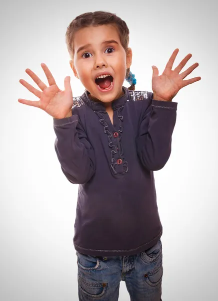 Little baby girl screams startled surprised excited throws up hi — Stock Photo, Image
