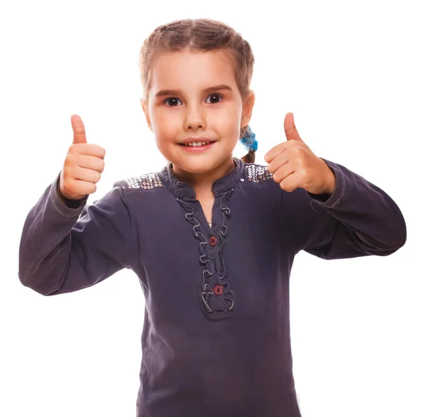 Baby girl raised teenager her thumbs up isolated smiling symbol — Stock Photo, Image