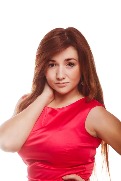 Brunette woman girl close-up portrait of face and hands in red d — Stock Photo, Image