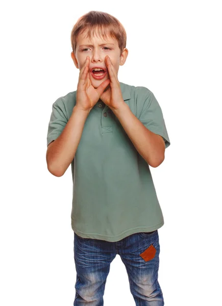 Volání chlapce děti pláč křičí: teenager otevřel ústa, izolované — Stock fotografie