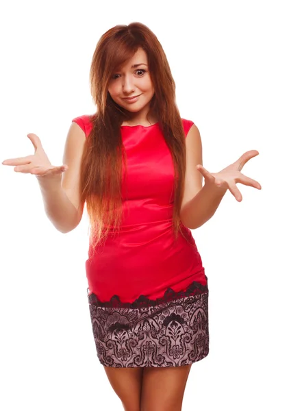 Dissatisfied angry young woman haired girl in red dress emotion — Stock Photo, Image
