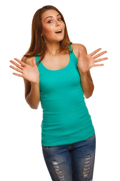 Excited girl surprised brunette woman throws up his hands opened — Stock Photo, Image