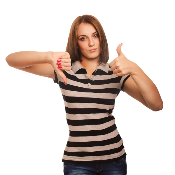 Girl woman shows signs of yes and no, hand fingers isolated — Stock Photo, Image