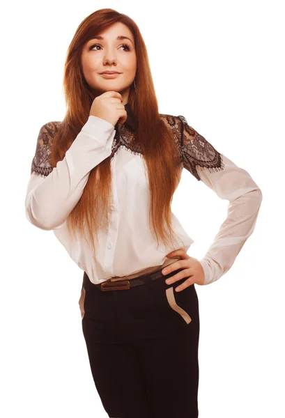 Woman brunette shows positive sign girl thumbs yes, isolated emo — Stock Photo, Image