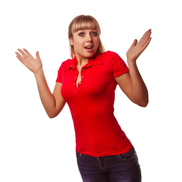 Woman excited girl surprised throws up his hands opened her mout — Stock Photo, Image