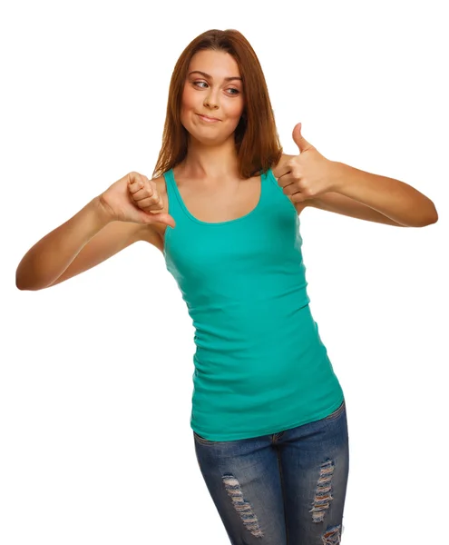 Mulher na camisa menina mostra sinais de sim e não, mão dedos isol — Fotografia de Stock