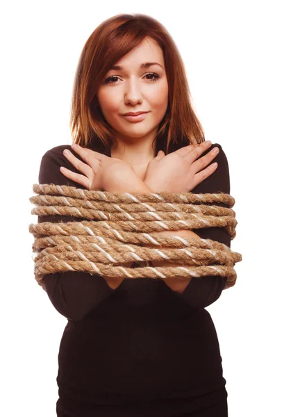 Woman prisoner tied rope hostage female bondage bound girl slave — Stock Photo, Image