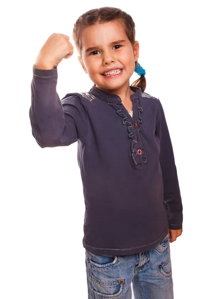 Woman young girl shows gesture success victory fist clenched ser — Stock Photo, Image