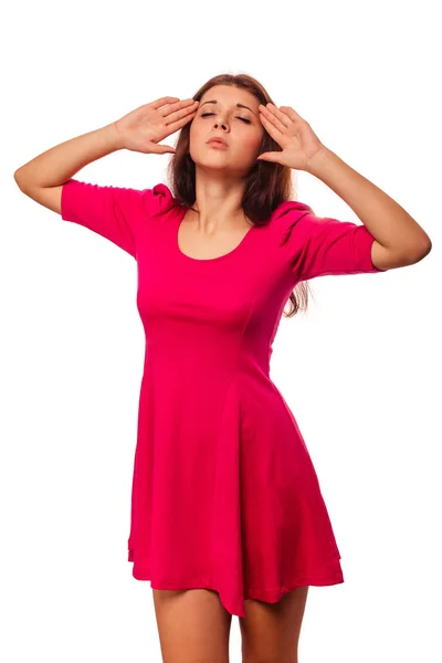 Woman young girl under stress headache migraine pain isolated on — Stock Photo, Image