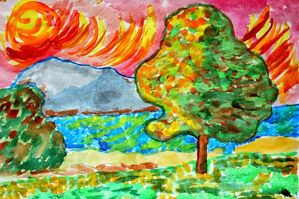 Krajina akvarel přírodní stromy vody letní strom Lesní řeka — Stock fotografie