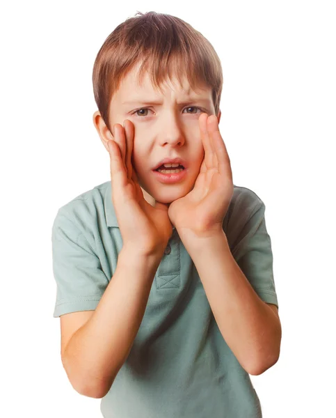 Jongen kinderen kreten aanroepen schreeuwt tiener opende zijn mond geïsoleerd — Stockfoto