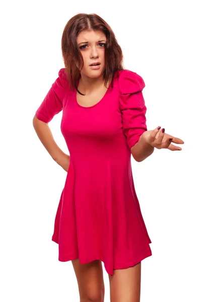 Dissatisfied angry young woman haired girl in red dress emotion — Stock Photo, Image