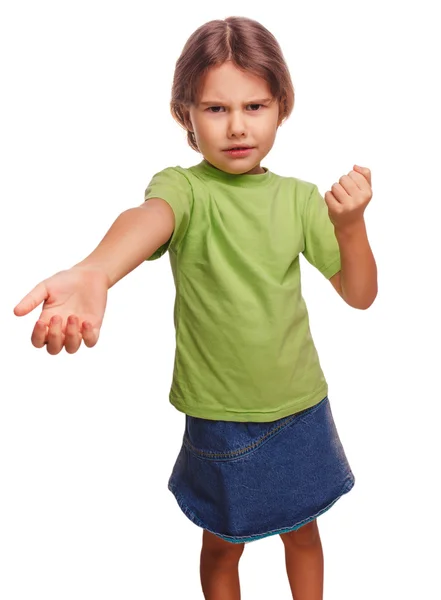Girl teen swears evil expression dissatisfied quarrel isolated o — Stock Photo, Image