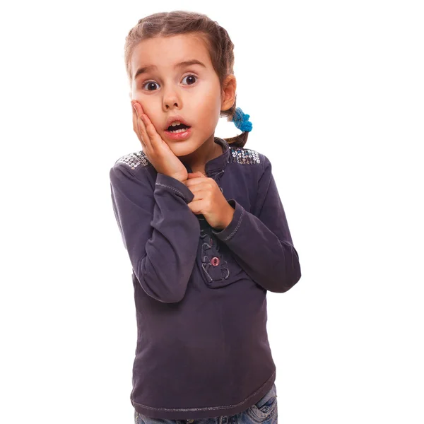 Little girl surprised woman teenager feels joy holding hand on f — Stock Photo, Image