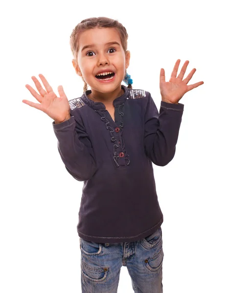 Opened teenager, girl her arms joyful woman mouth — Stock Photo, Image