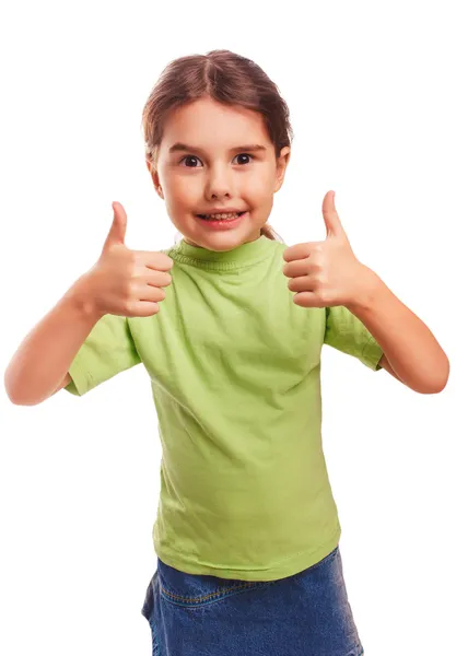 Dziewczynka nastolatek podniósł jej kciuki do góry na białym tle symbol uśmiechający się — Zdjęcie stockowe