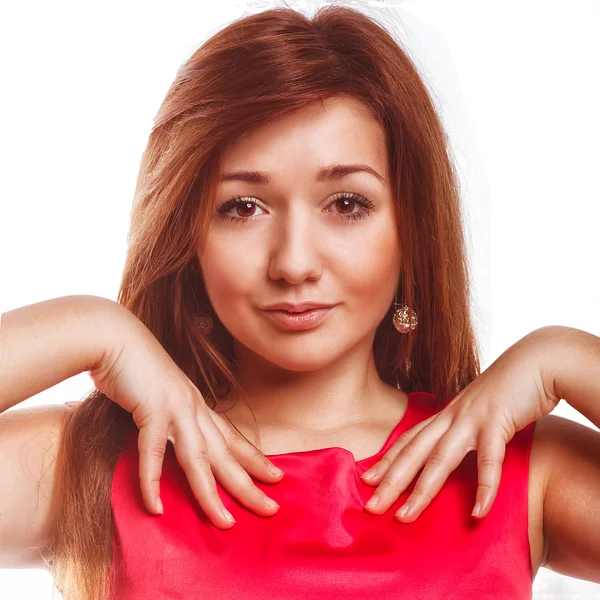 Donna bruna ragazza primo piano ritratto del viso e delle mani in rosso d — Foto Stock