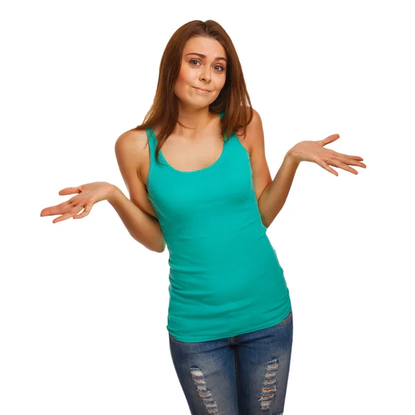 Woman girl throws up his hands in doubt isolated on white backgr — Stock Photo, Image