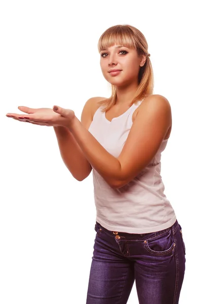 Mulher retrato feliz jovem mostrando mão aberta segurando isolat — Fotografia de Stock