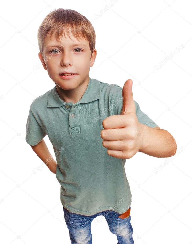 Teenager Boy Kid In Blue Shirt Holding Thumbs Up Showing Blonde