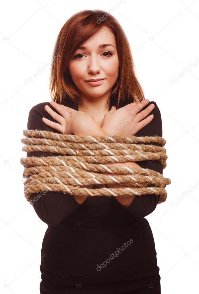 Woman prisoner tied rope hostage female bondage bound girl slave