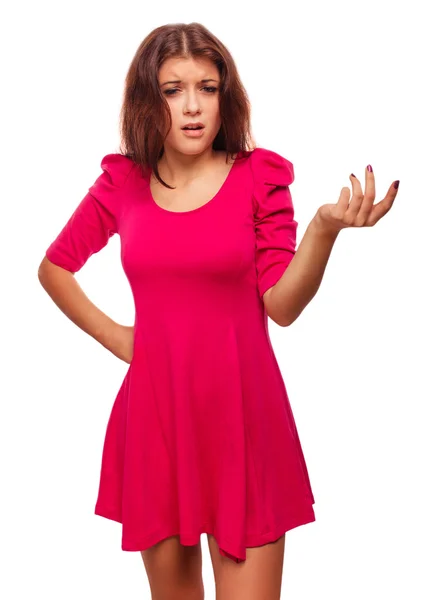 Angry dissatisfied young woman haired girl in red dress emotion — Stock Photo, Image