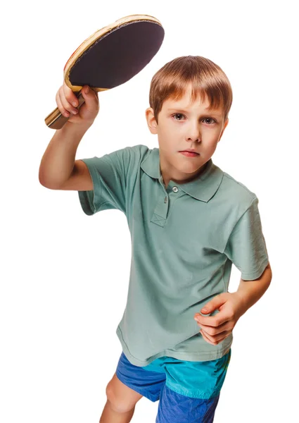 Menino atleta criança adolescente com raquete joga tênis de mesa ping p — Fotografia de Stock