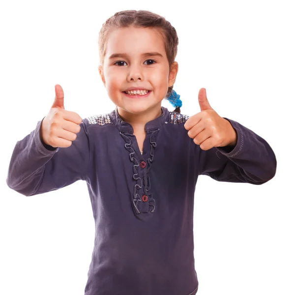 Girl baby raised her thumbs up isolated smiling symbol indicates — Stock Photo, Image