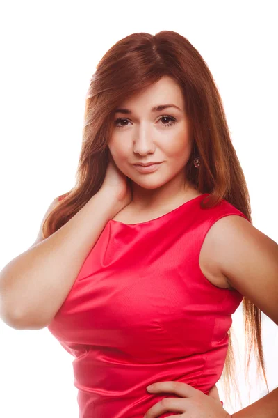 Sexy beautiful young woman girl in a red dress with long hair fa — Stock Photo, Image