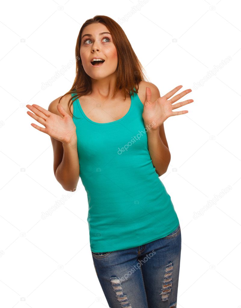 Girl surprised brunette excited woman throws up his hands opened