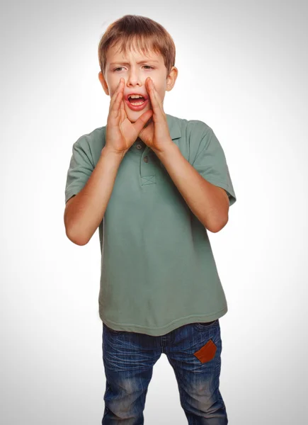 Calling boy kids cries shouts teenager opened his mouth isolated — Stock Photo, Image