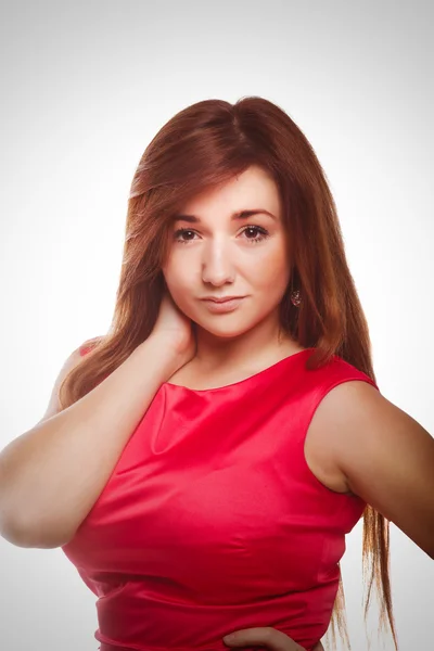 Brunette woman girl close-up portrait of face and hands in red d — Stock Photo, Image