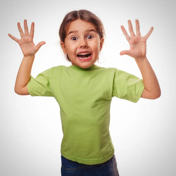 Frightened teenager girl child opened her mouth in horror fear r — Stock Photo, Image