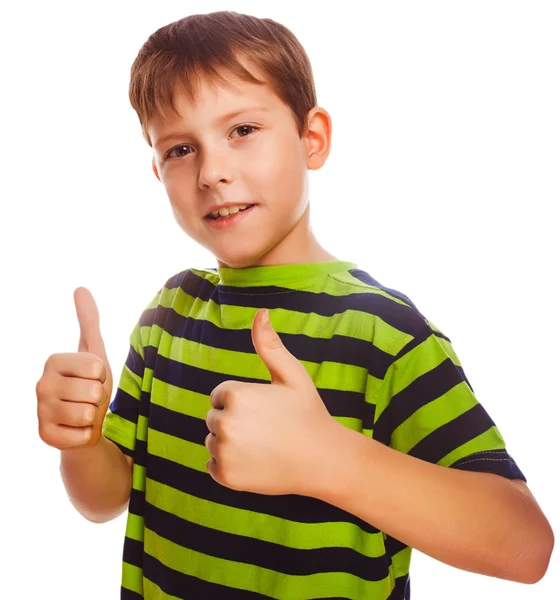 Bambino ragazzo camicia a righe, tenendo le dita in alto — Foto Stock