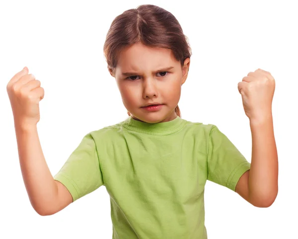 Angry child evil girl shows fists experiencing anger and isolate — Stock Photo, Image