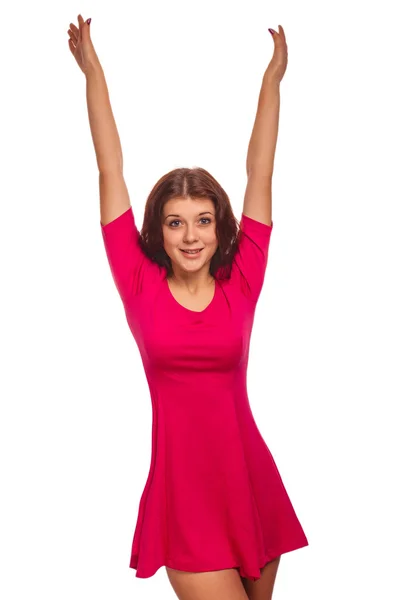 Cheerful woman raised hands up happy — Stock Photo, Image