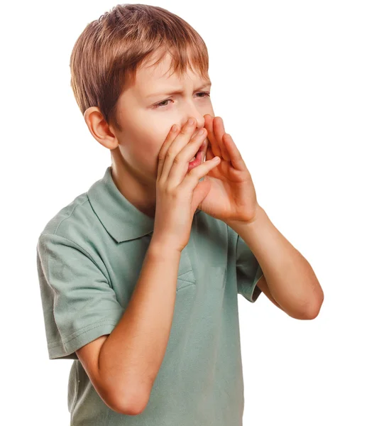 Boy teenager cries calling opened his mouth — Stock Photo, Image