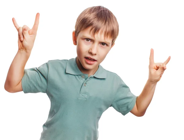 Ragazzo adolescente mostra gesto mani metallo roccia diavolo — Foto Stock