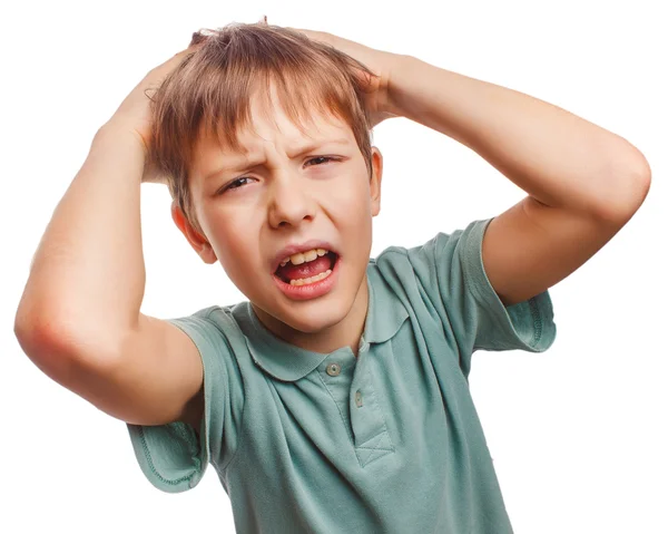 Child upset angry boy shout produces evil face portrait isolated — Stock Photo, Image