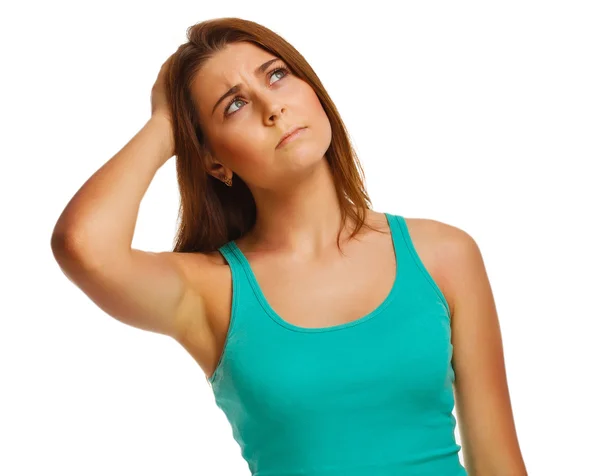 Girl looking up frowning thinks woman women's thinking isolated — Stock Photo, Image