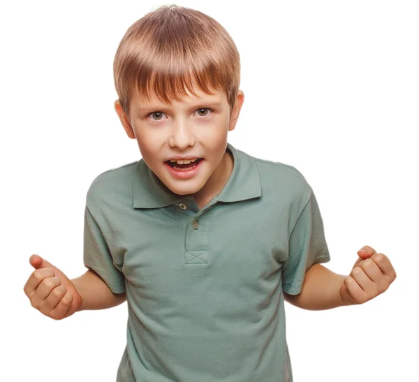 Teen excited teenage boy  hand so his fists — Stock Photo, Image