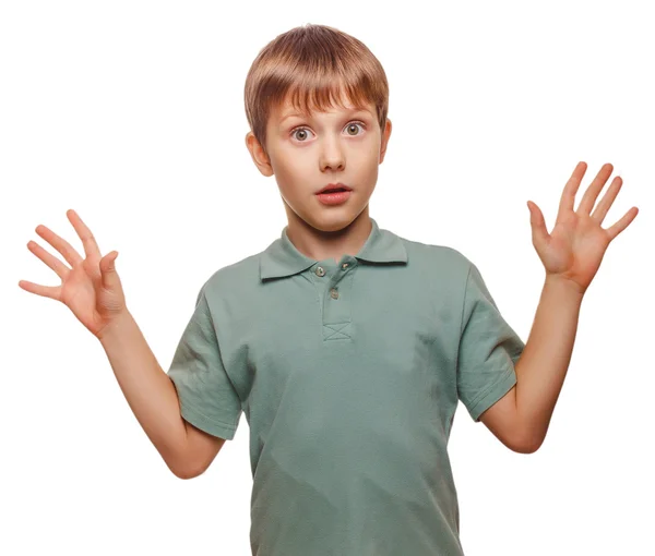 Raised teen his hands up child kid baby boy surprised — Stock Photo, Image