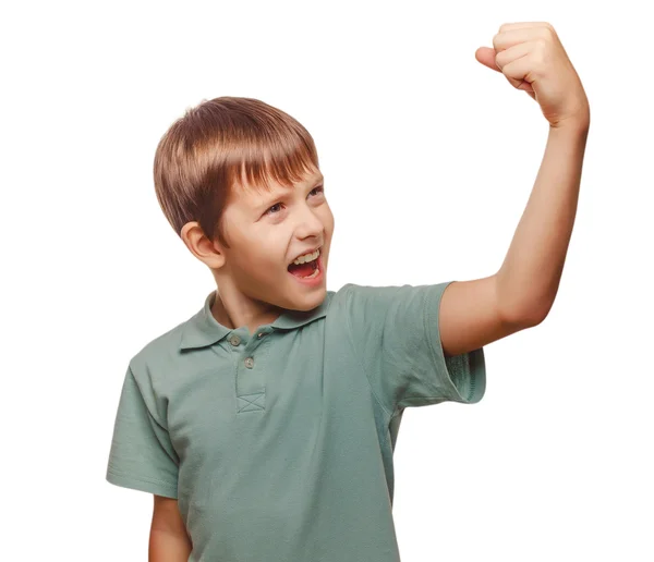Teen excited happy teenage boy shows his hand so fists — Stock Photo, Image