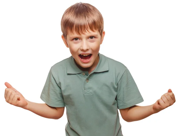 Teen happy excited teenage boy shows his hand — Stock Photo, Image